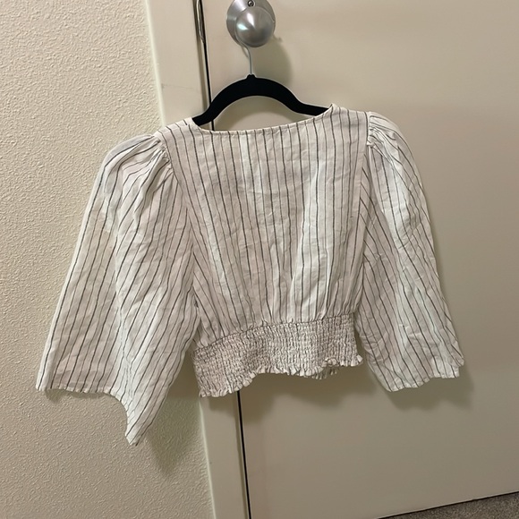 Zara Linen Blend Blouse Cross Wrap Striped Crop - Picture 4 of 5